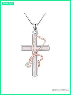 Stethoscope Cross Necklace 925 Sterling Silver Opal Nurse Pendant Gift